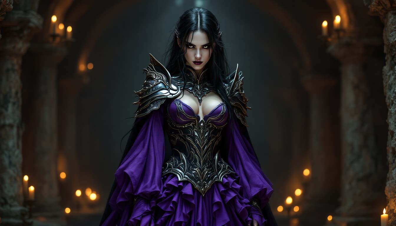AI generated: A fierce, Vampire Female, Black Hair and Pale skin, stands fierce in a old forgotten crypt illuminat...