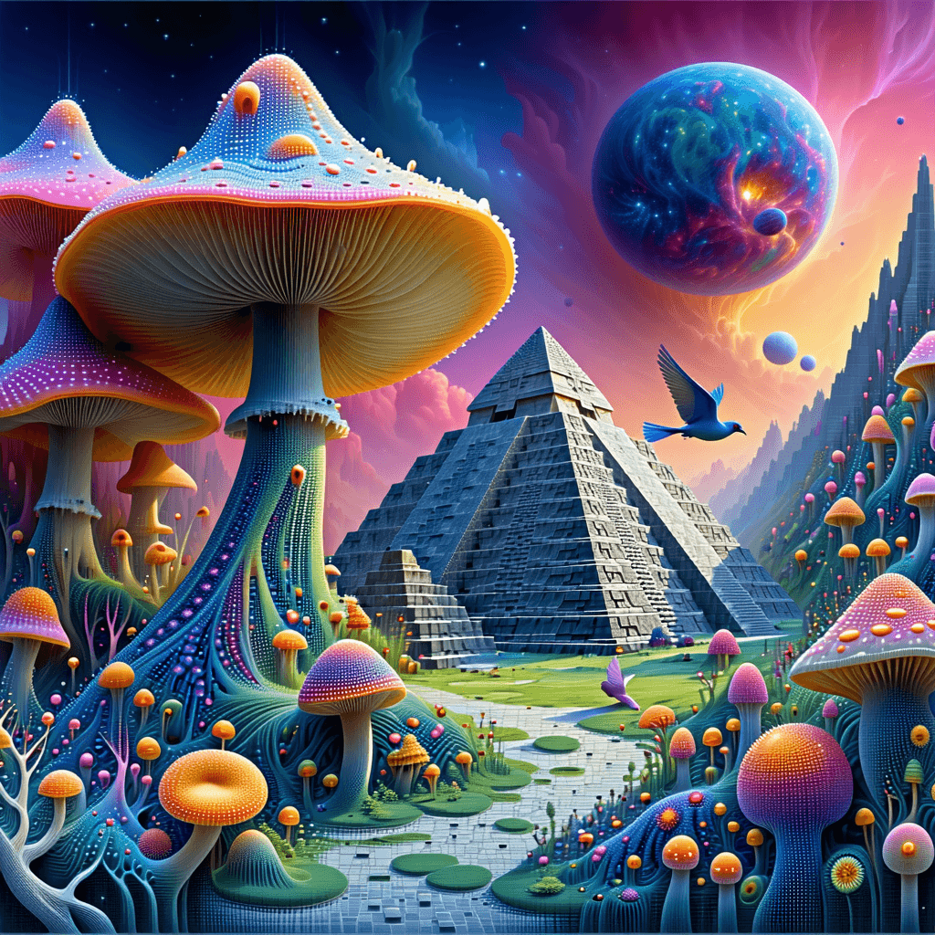 AI generated: a psychedelic, surreal fractal fantasy made from the energy of the universe. Evolving from pyramids ...
