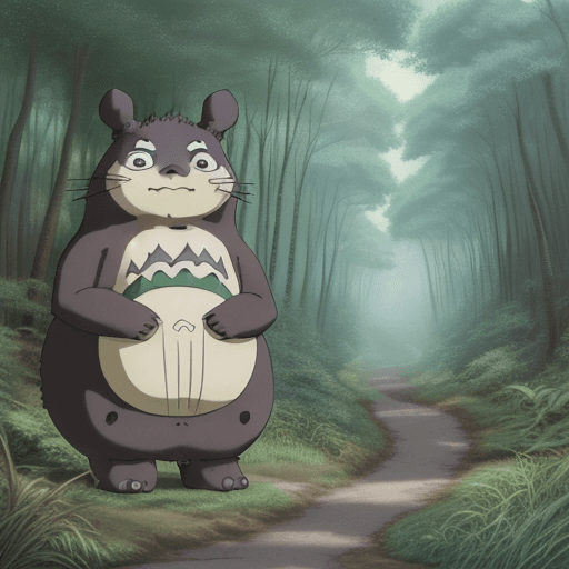 AI generated: Very cute Bob Ross totoro in the forest, character, art, daytime, bright, colorful, steampunk, indus...