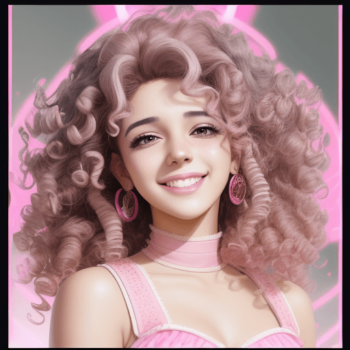 AI generated: woman smiling in pink and white with curly hair, in the style of y2k aesthetic, Arab pop culture, re...