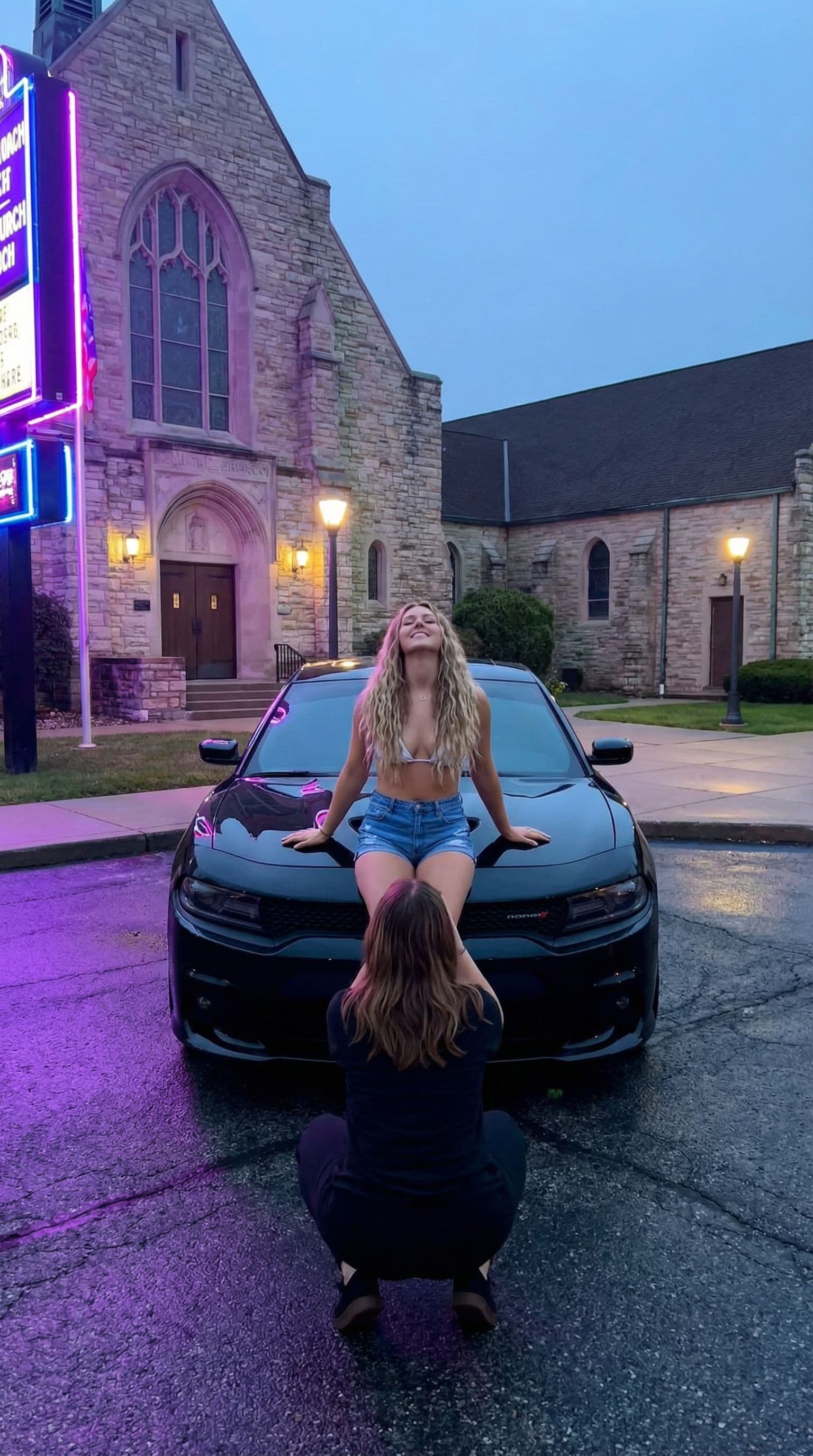 AI generated: AI PROMPT 
hyper-realistic photo of a sexy photo women in photo
 sitting confidently on the hood of ...