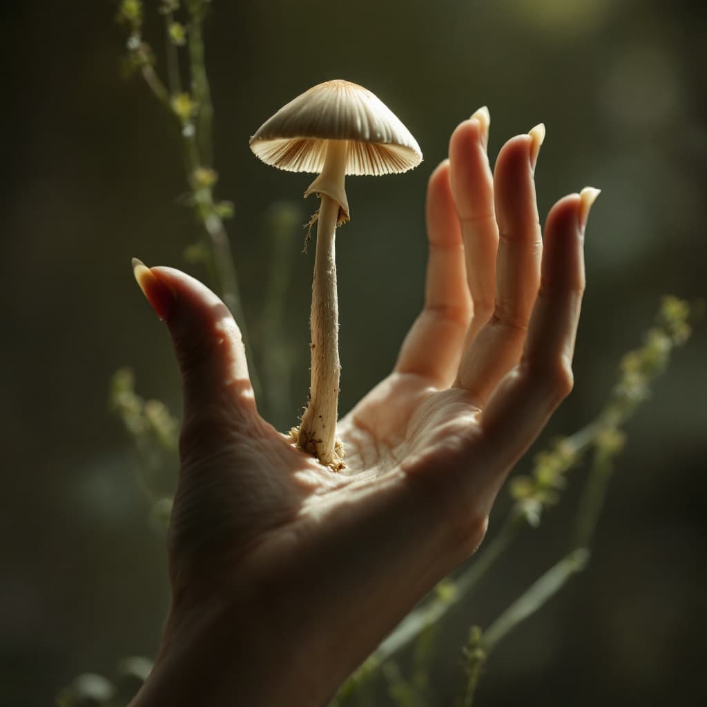 AI generated: elegance female hand, side view reaching up. the fingers are turning into mushrooms. dramatic lighti...