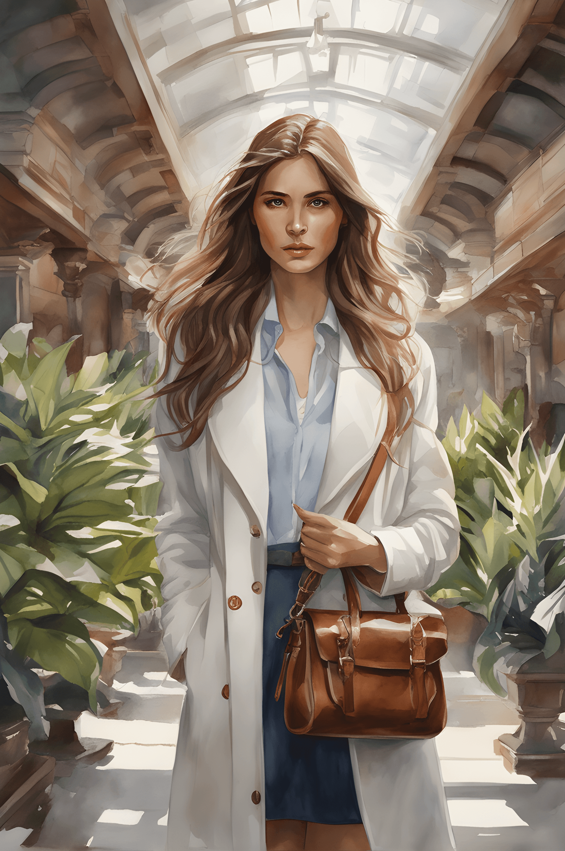 AI generated: (masterpiece, best quality),long hair, brown hair, plant, looking at viewer, brown eyes, bag, white ...