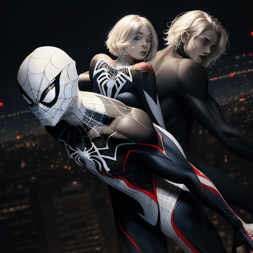AI generated: **man on spider verse, spider-man on spider back, white and black costume, young pale thin white man...