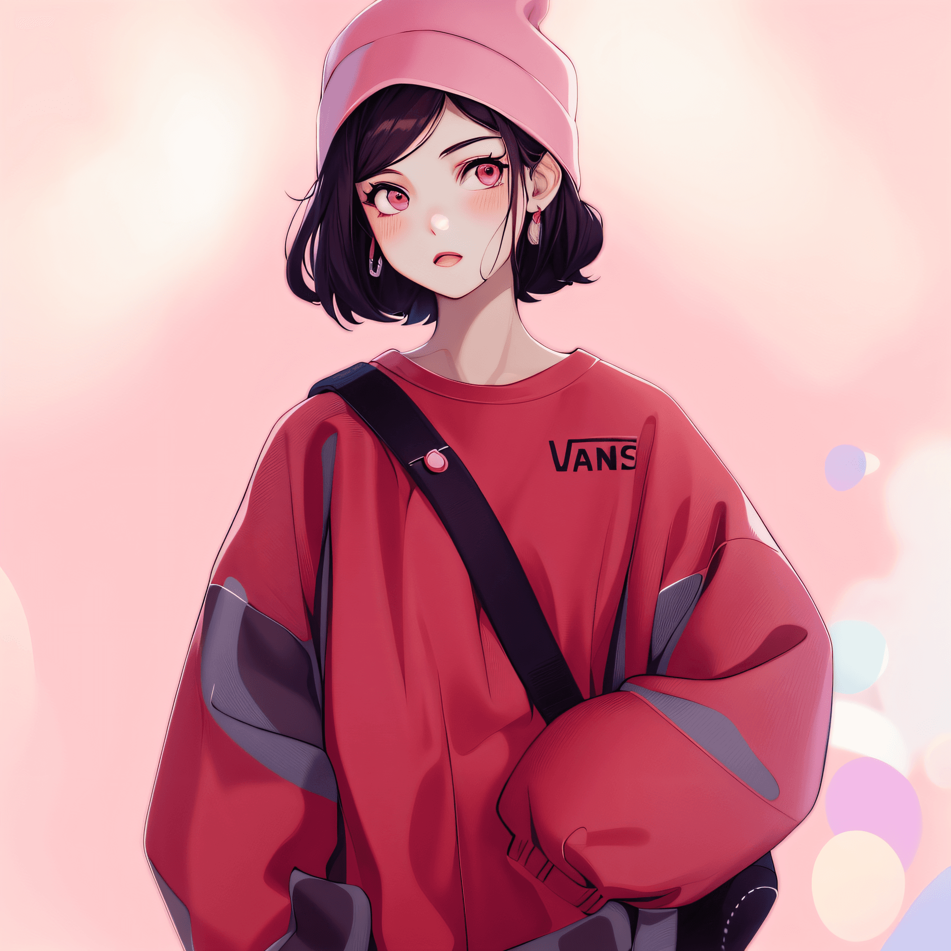 AI generated: anime girl with a pink shirt and a red hat, urban girl fanart, anime style illustration, anime art s...