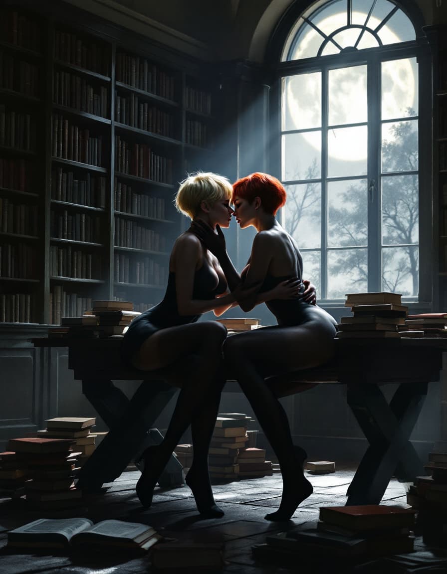 AI generated: Create a detailed, photo-realistic image of a dimly lit library at night. Moonlight streams through ...
