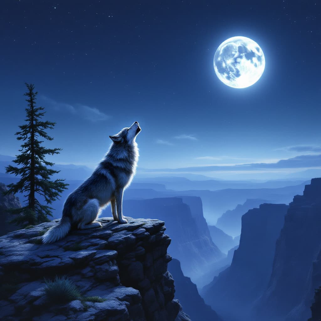 AI generated: A wolf howling at the moon in a clear night's sky as he is poised on a rock bluff overlooking a grea...