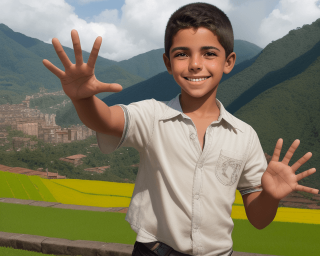 AI generated: realistic image of a latin boy smiling and waving with one hand with a colombian landscape