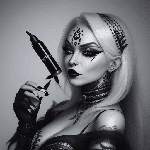 AI generated: A woman with silver skin wearing black lipstick and heavy eyeliner