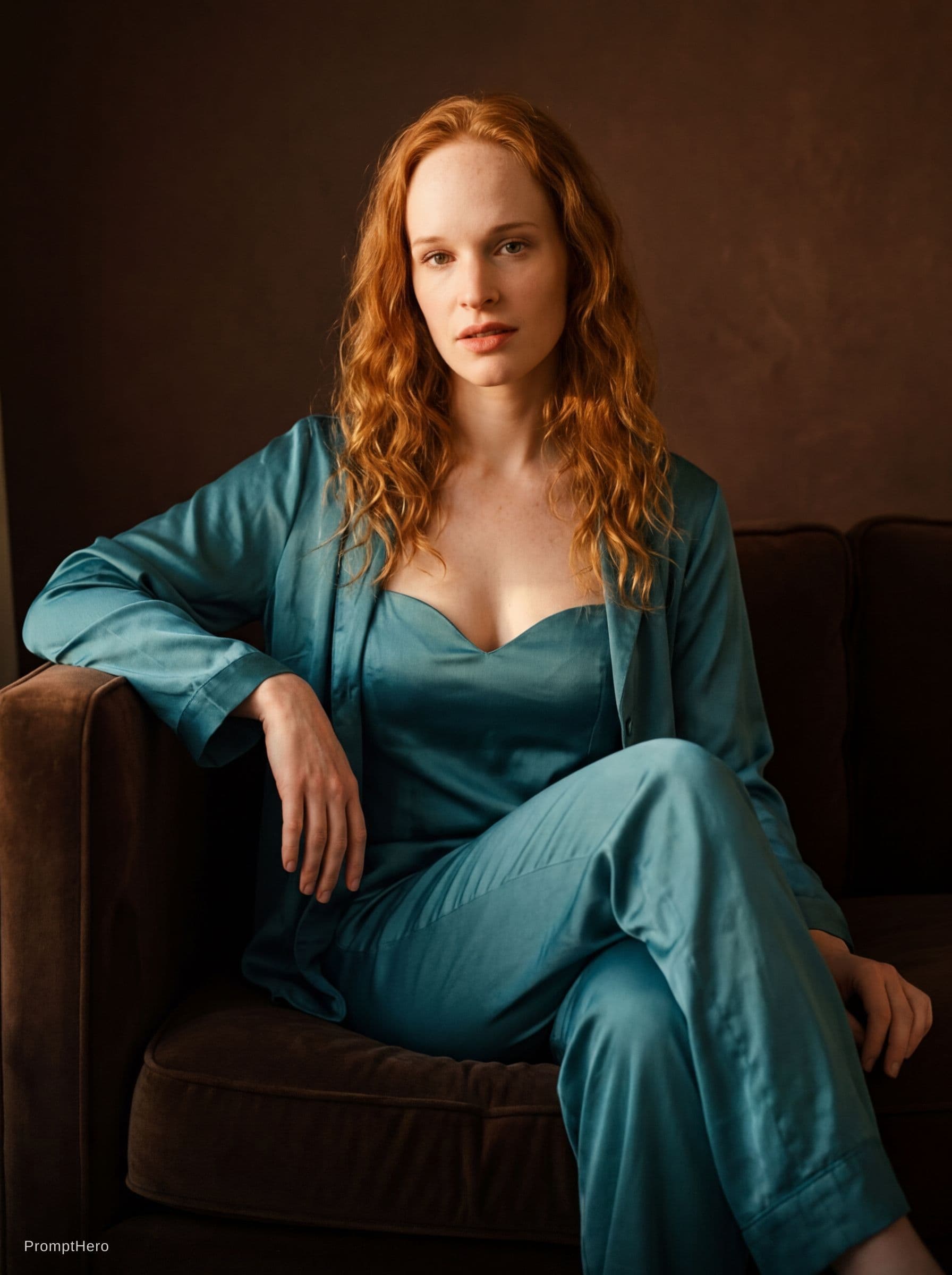 AI generated: sitting on the couch in loos silk teal colored pajamas, top with a with a sweetheart neckline, pose ...
