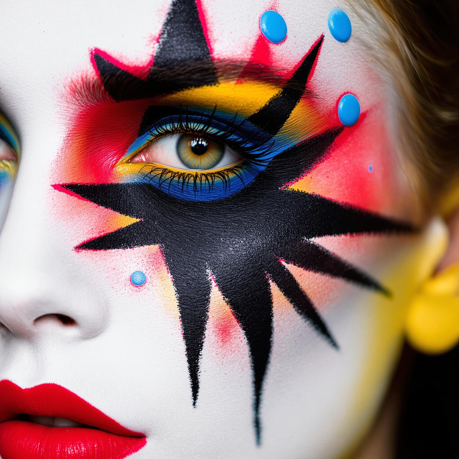 AI generated: The image features a close-up of a person's face adorned with bold, intricate makeup. The palette pr...