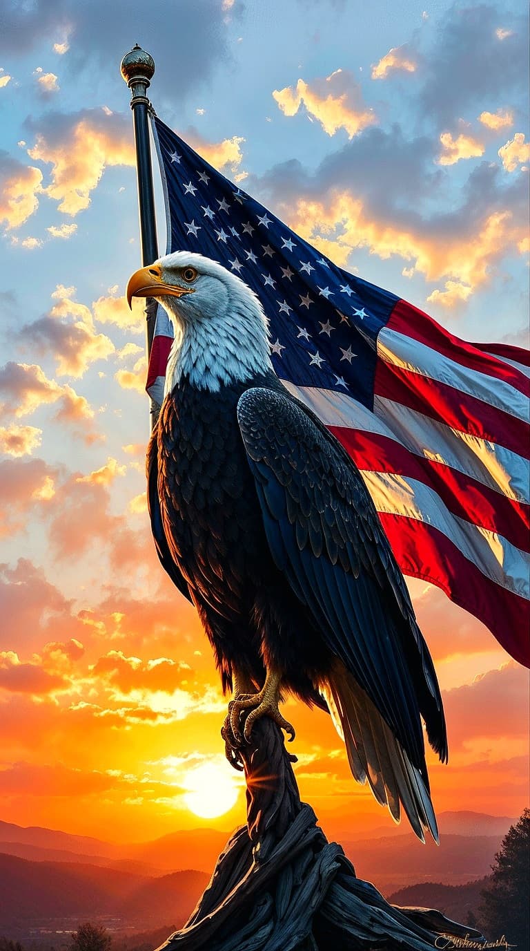 AI generated: A realistic, wide angle view of a majestic bald eagle, a  symbol of strength and freedom, is centere...
