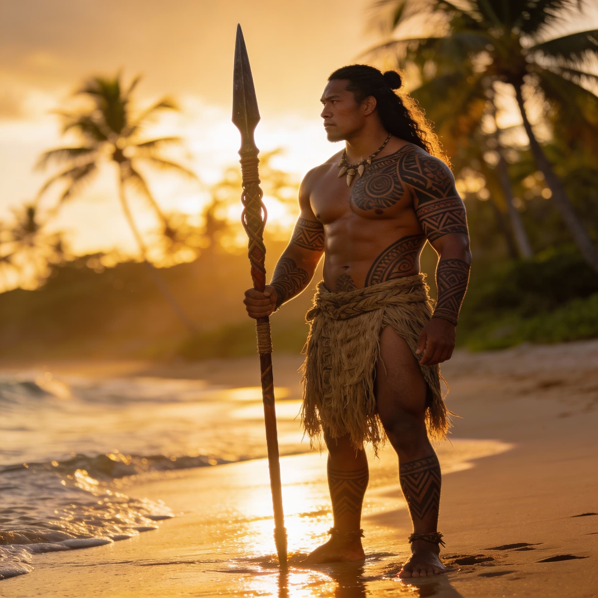 AI generated: Ultra-realistic photograph of a Polynesian warrior standing on a tropical beach at sunset.
He wears ...