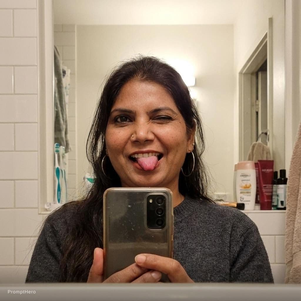 AI generated: frontal selfie taking a realistic camera point of view selfie goofy style for boyfriend in bathroom ...
