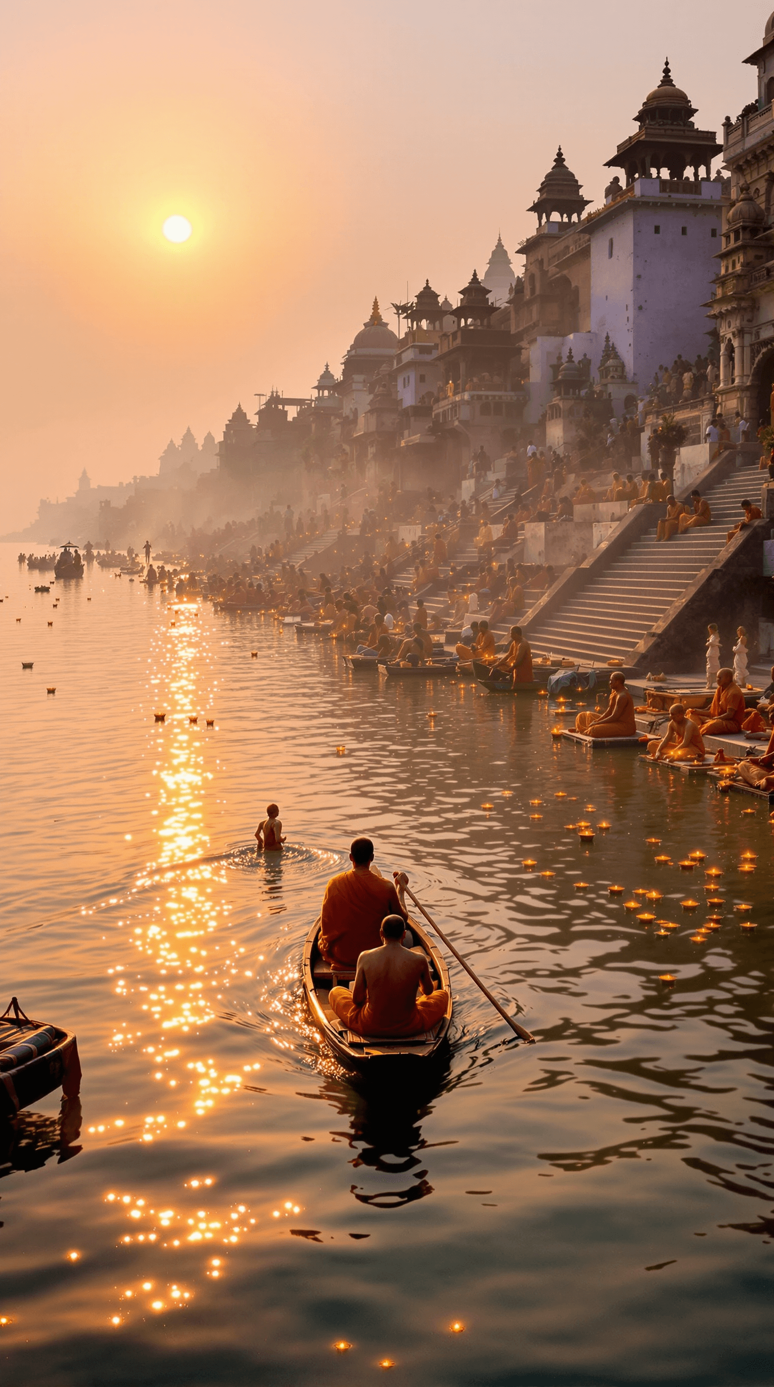 AI generated: A breathtaking sunrise over the ghats of Varanasi along the Ganges River. The golden light reflects ...
