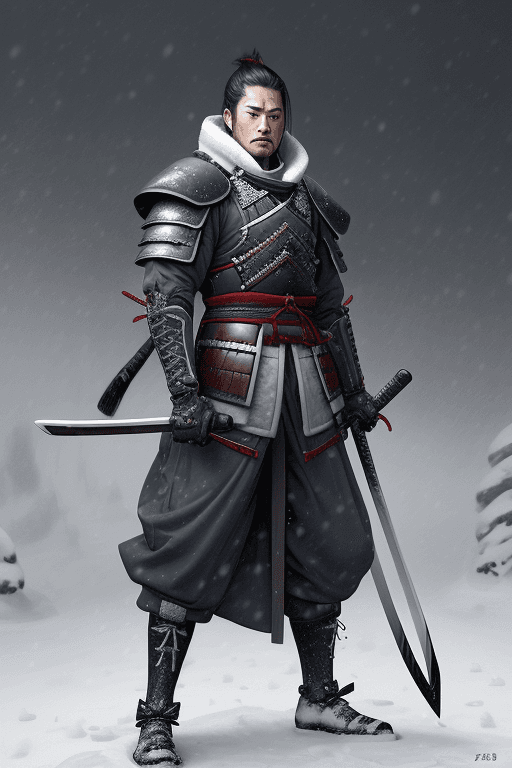 AI generated: a samurai in the snow with swords in his hands, holding in the snow, in the style of realistic fanta...