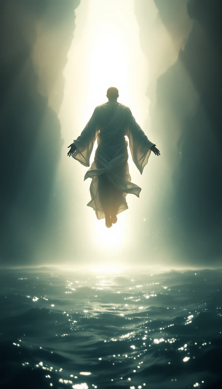 AI generated: A cinematic upward shot as the man is slowly lifted toward a beam of light above the water. His body...