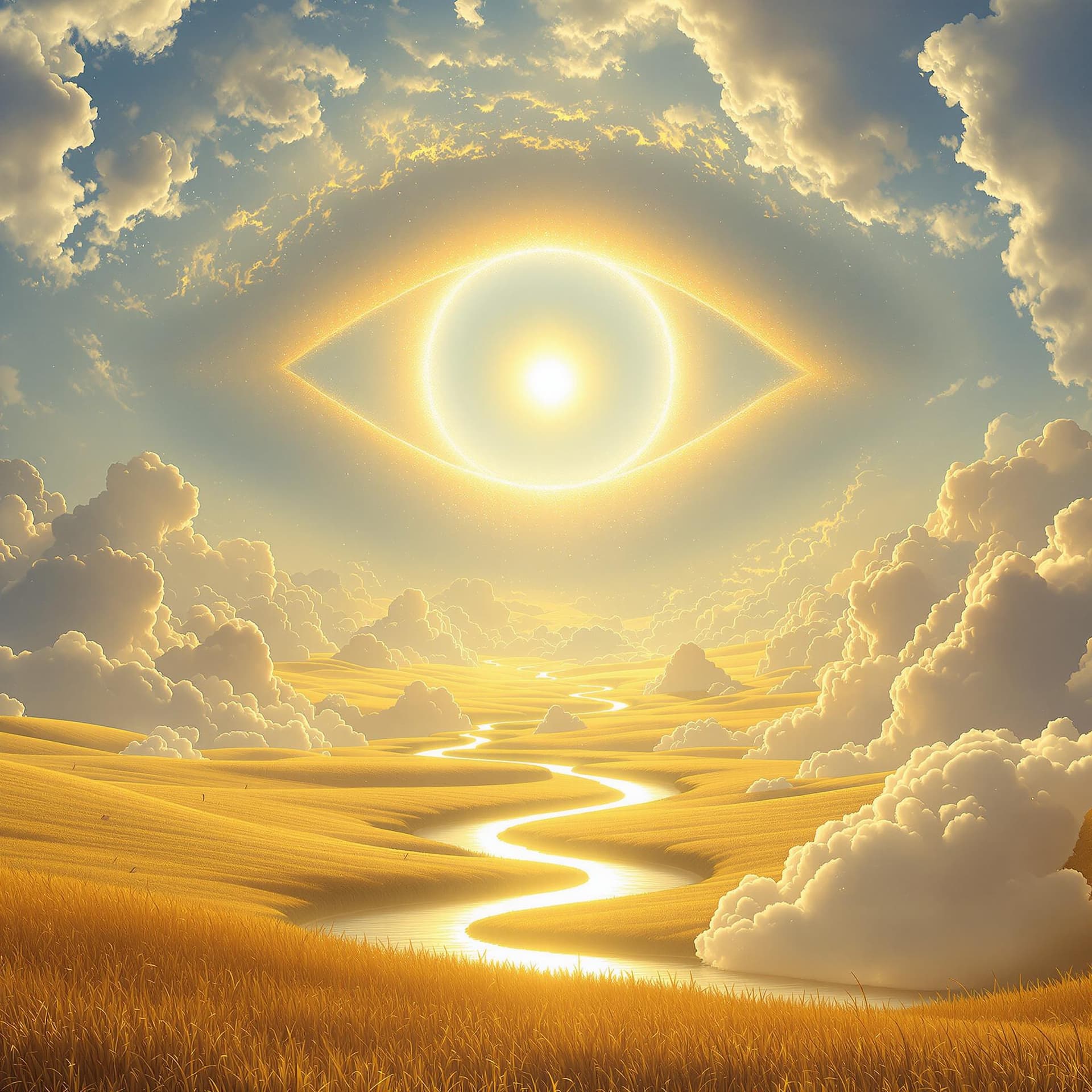 AI generated: A surreal, bright, hyperrealistic landscape bathed in golden morning light. Puffy clouds form a gent...