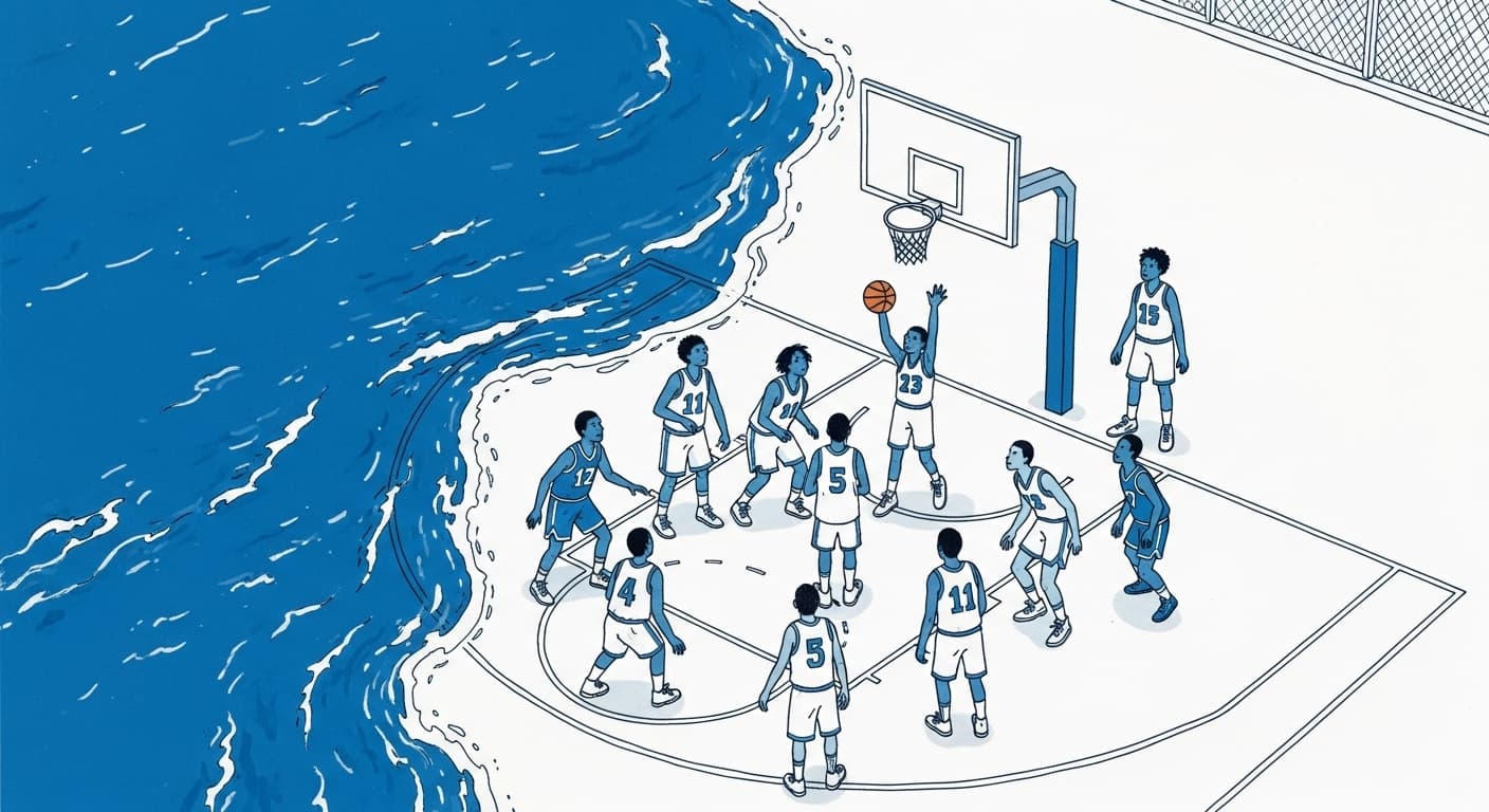 AI generated: In the style of illustrator Quentin Blake, a basketball team with white and blue player gear playing...