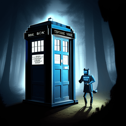 AI generated: A burtonesque style picture of the TARDIS from Doctor Who in a haunted forest, with his robot dog K-...