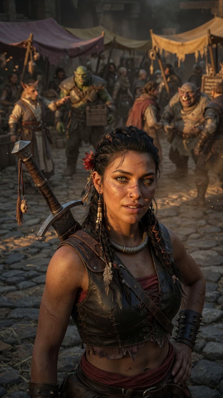 AI generated: A magnificent 25-year-old Amazon warrior with fierce, unconventional beauty stands in the heart of a...