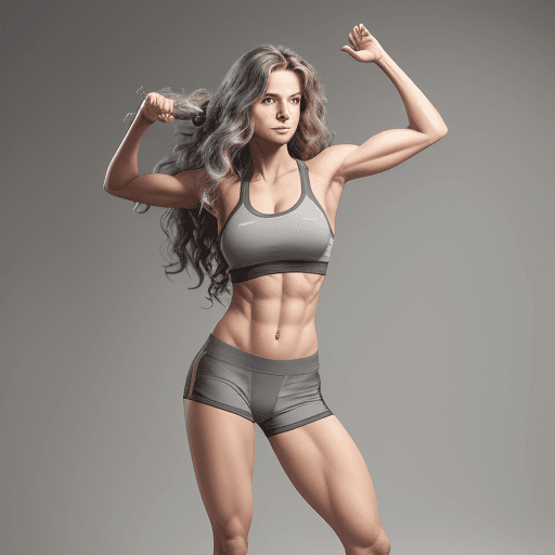 AI generated: "Photograph of a fit woman with long wavy hair, standing with one arm raised, showcasing a confident...
