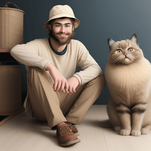 AI generated: /imagine prompt: Picture young man with cat, smile, happiness, dark blonde hair, medium length, dark...