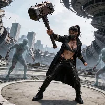 AI generated video: the circular buildings rotate, the woman holds the two-handed hammer, and hits the demon. the monste...