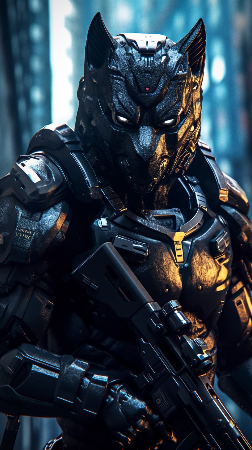 AI generated: Agile black wolf soldier character, anthropomorphic figure, wearing futuristic soldier armor and wea...