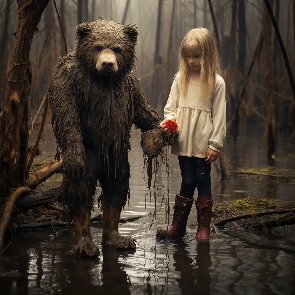 AI generated: Girl on a walk with a teddy bear