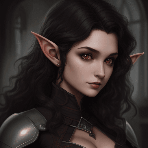 AI generated: dhampir half-elf female surgeon, dark curly hair, slight build, curvy, soft look, realistic portrait...