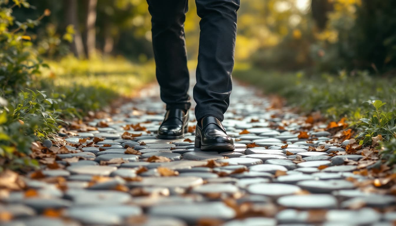 AI generated: Siguiendo las pisadas, que se vean solamente los pies de un hombre con pantalón y zapatos, elegante ...