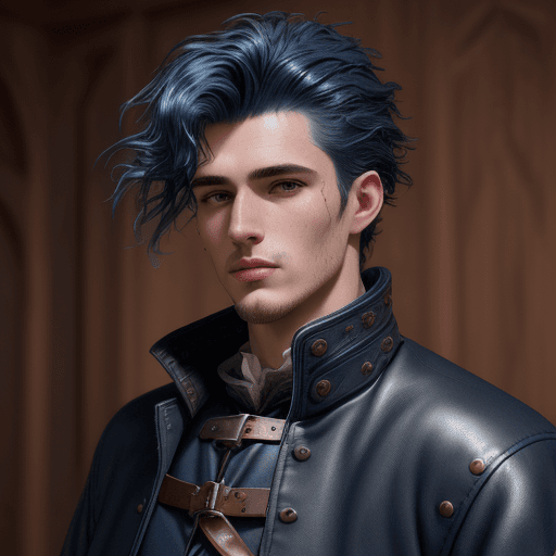 AI generated: wavy navy blue haired tall handsome young guy, wearing a old medieval clothes and a leather jacket, ...