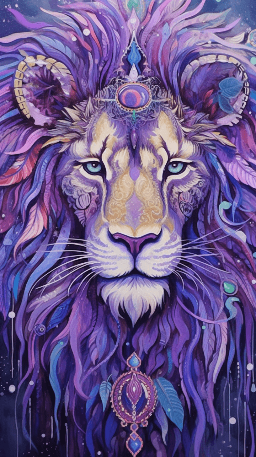 AI generated: A majestic lion in a regal purple cape, with glistening platinum accessories, bold colors, monochrom...