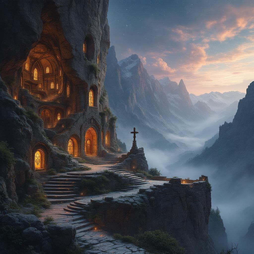 AI generated: A hidden library carved into the side of a mountain, glowing softly with enchanted runes, under a st...