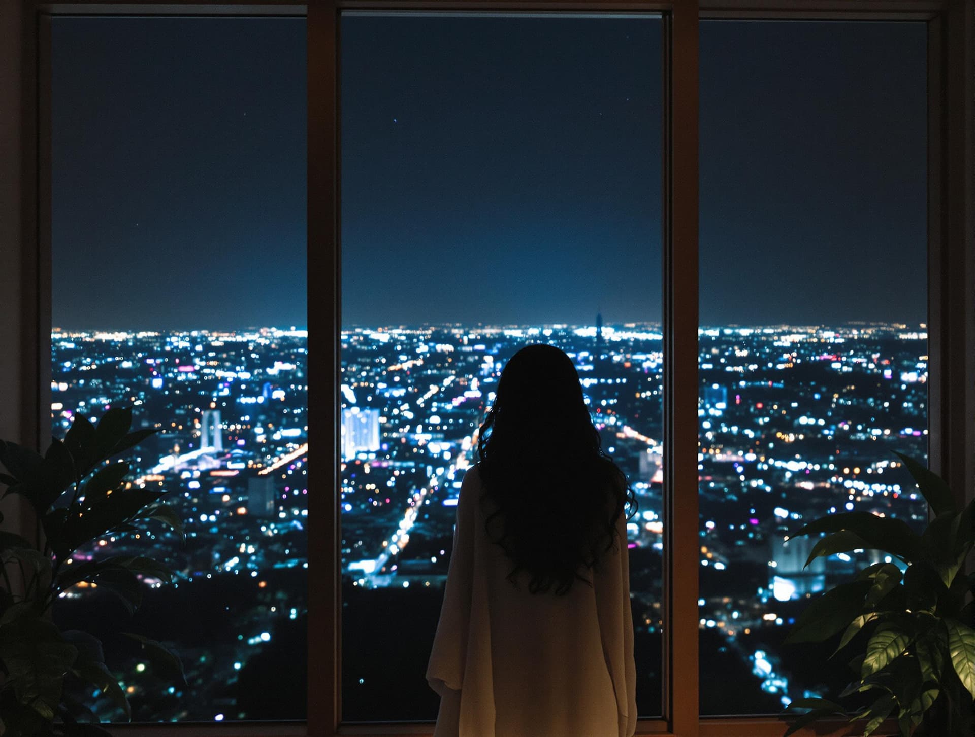 AI generated: Nighttime cinematic scene of a woman standing in front of a large floor-to-ceiling window overlookin...