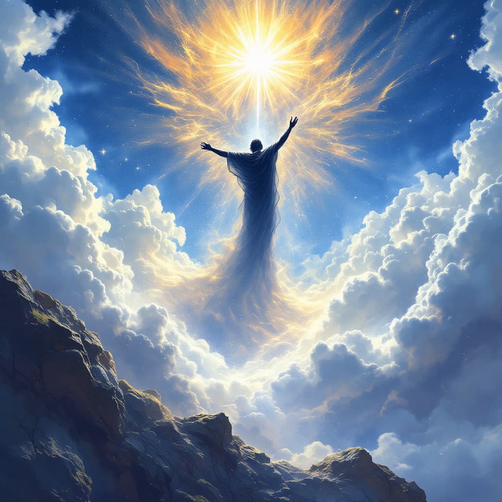 AI generated: Image of a black god like figure descending from a bright sky.