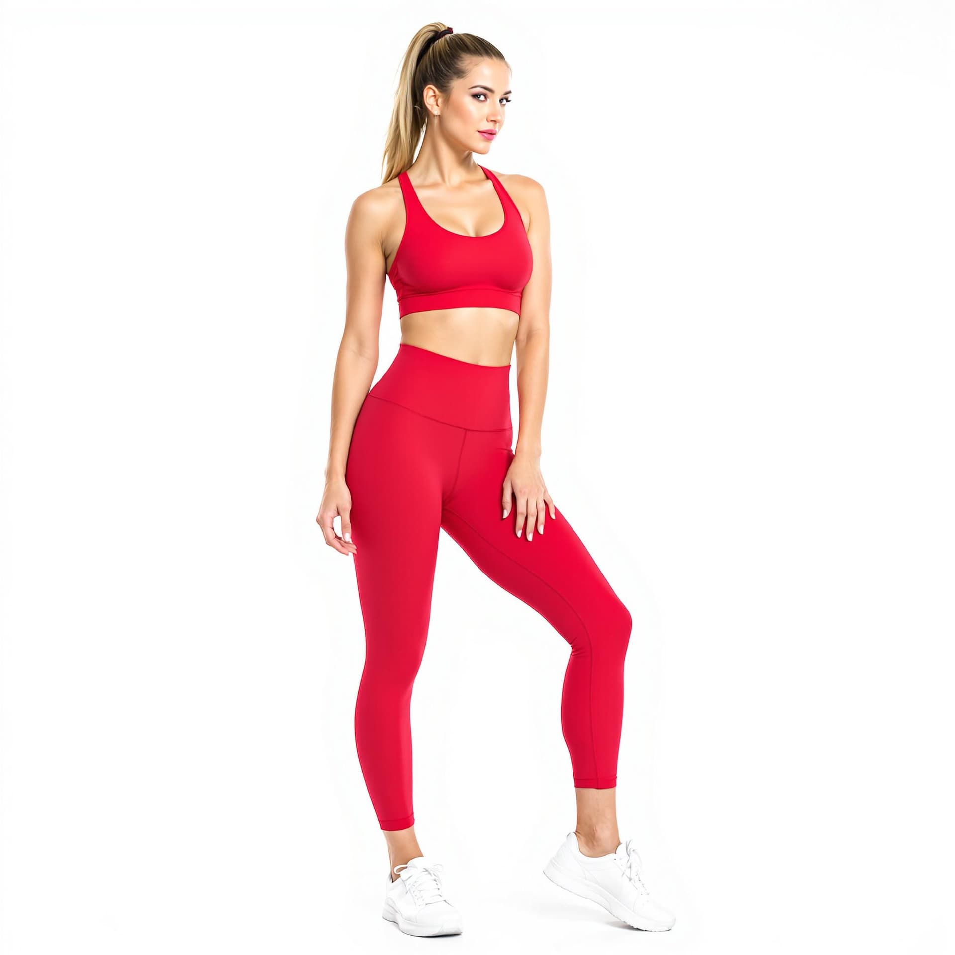 AI generated: a woman wearing red sports bra and matching legging and white sneakers. Her hair is pulled back in a...