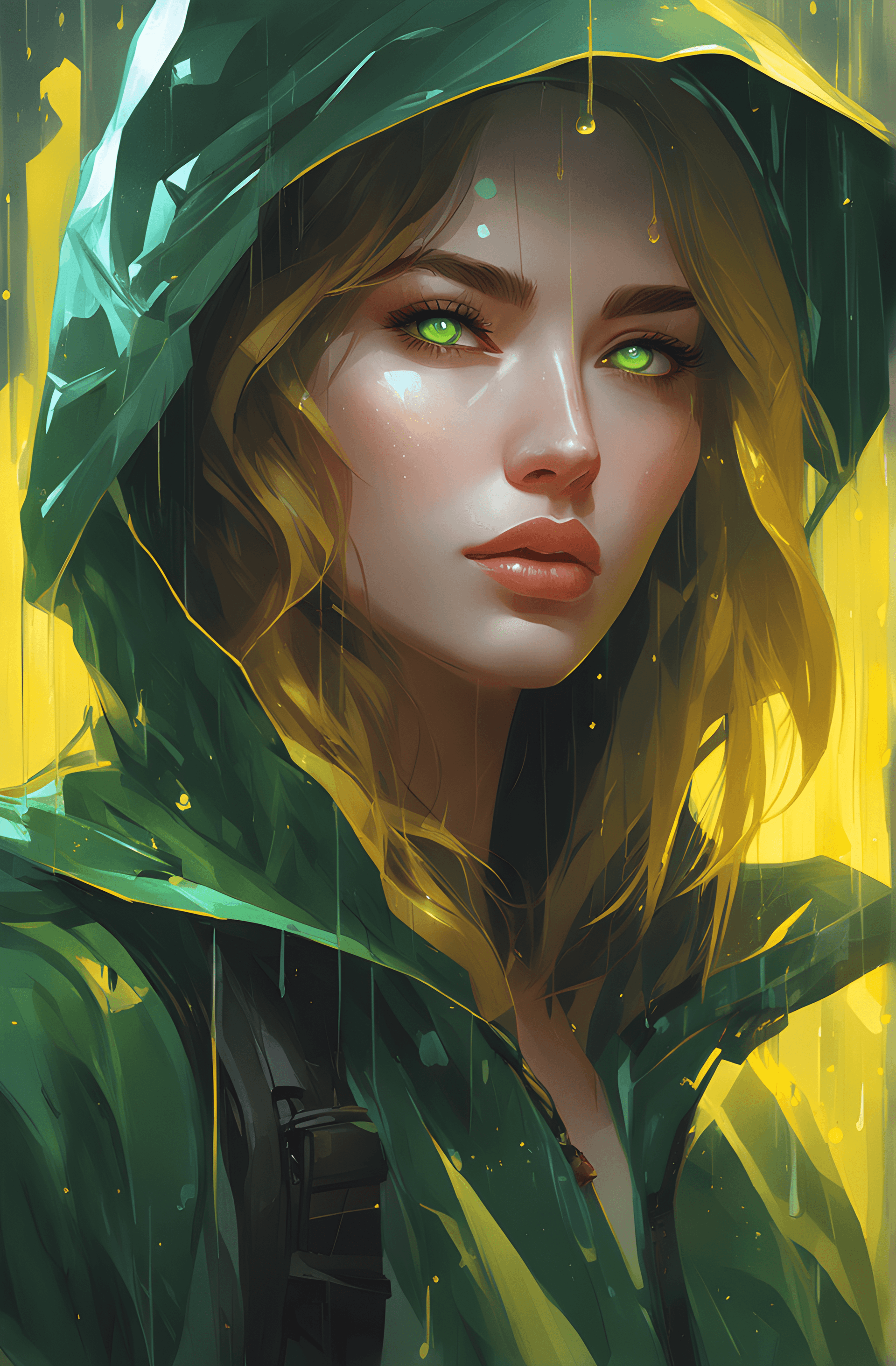 AI generated: a woman with green eyes standing in the rain, inspired by rossdraws, digital art, futuristic yellow ...