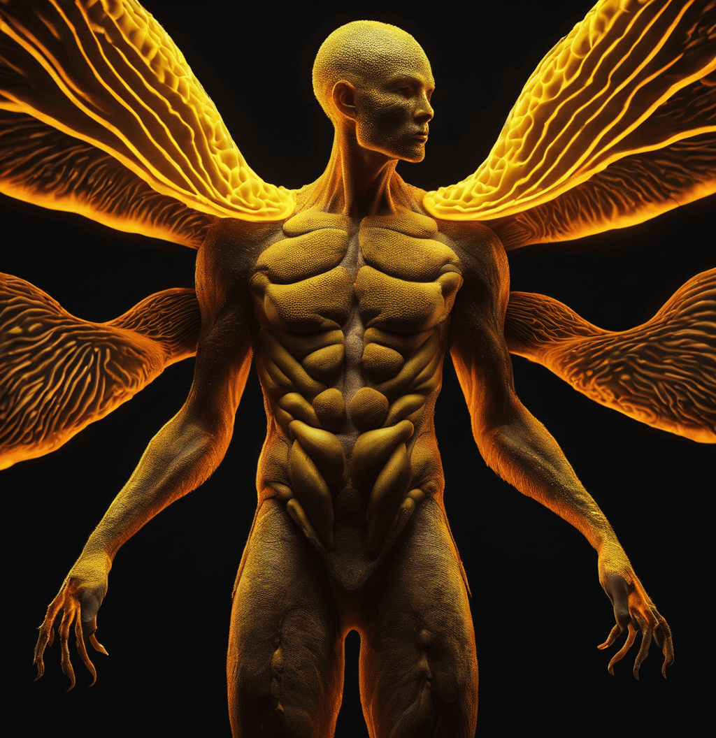 AI generated: A human form creature skin made of mushrooms, black background, yellow neon light in gills inside mu...