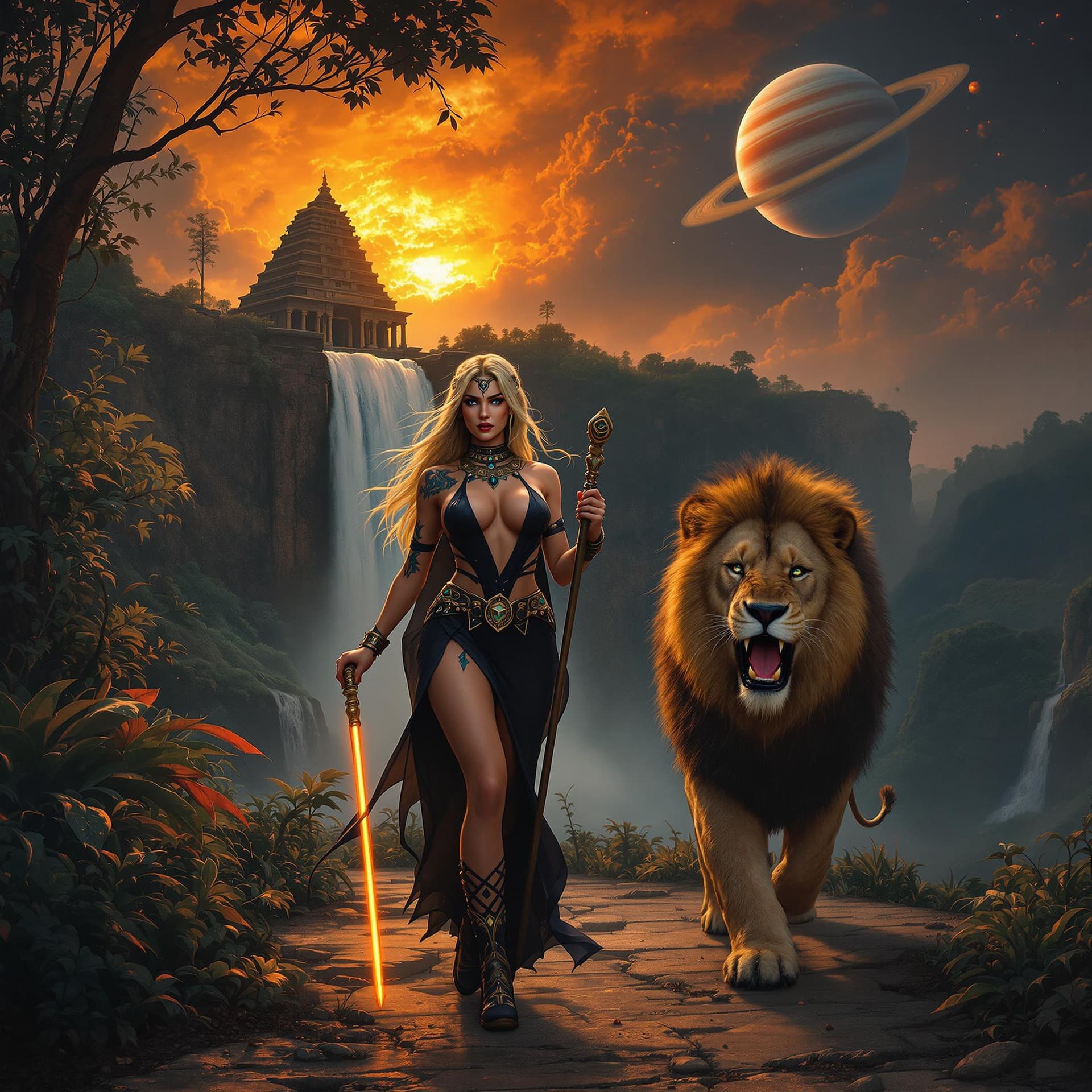 AI generated: Hyper realistic, photo realism, zoomed out full body HD Photo of beautiful, Amazon warrior queen wal...