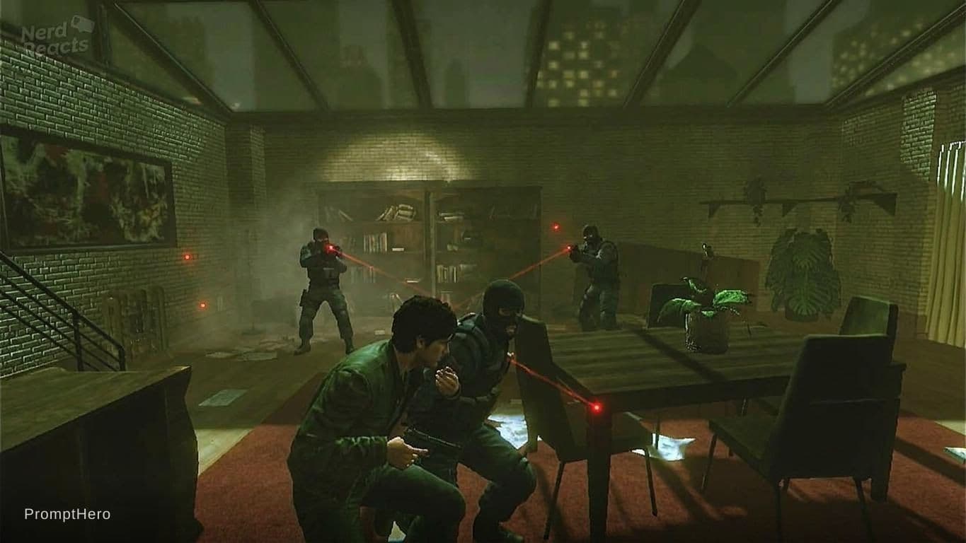 AI generated: Third-person perspective, video game screenshot style, a man with short dark hair wearing a green ja...