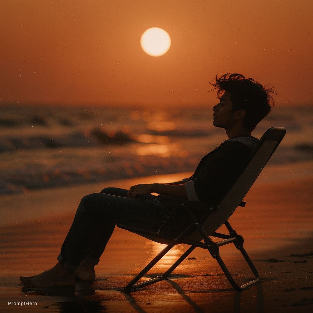 AI generated: cinematic seascape, warm color grading, long-lens compression, straight horizon, large sun near uppe...