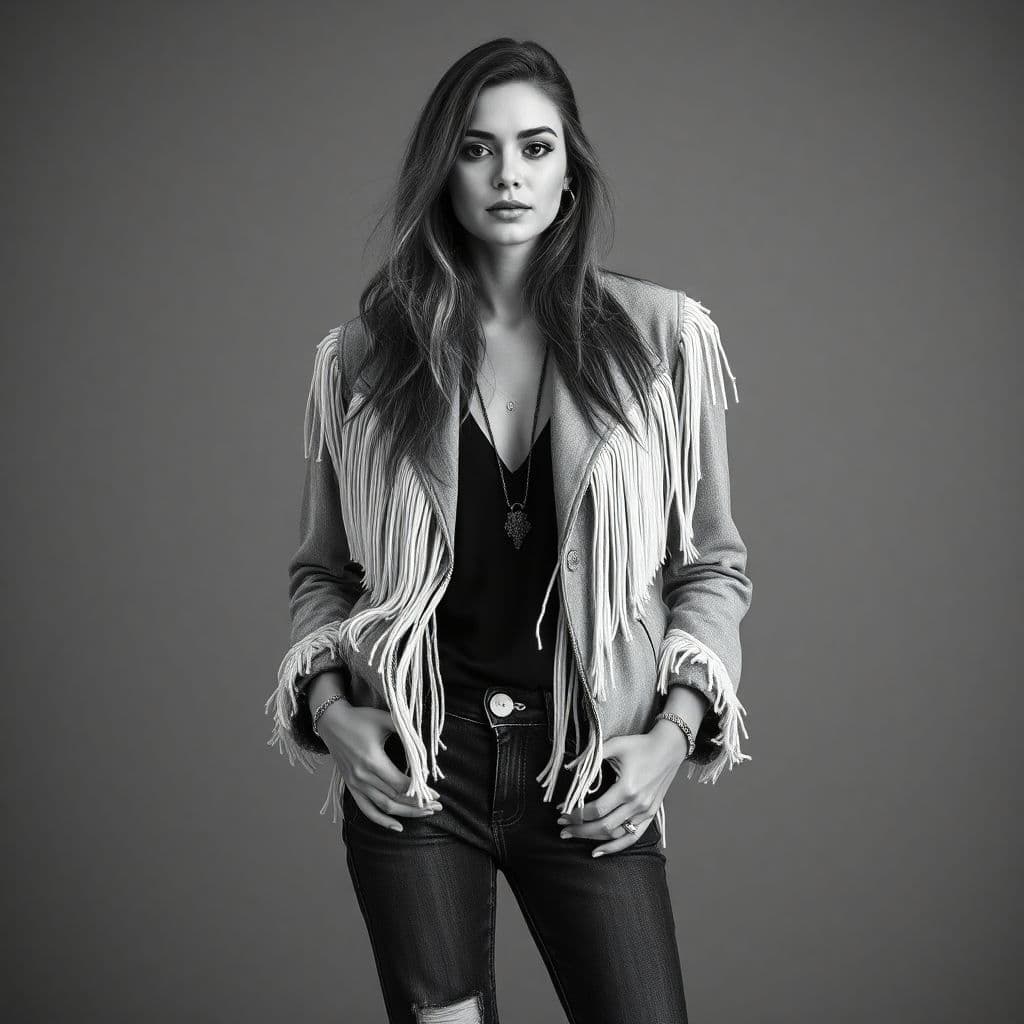 AI generated: ubsurdres detail  black and white  style stipulated beautiful hippy women wearing a fringe jacket an...