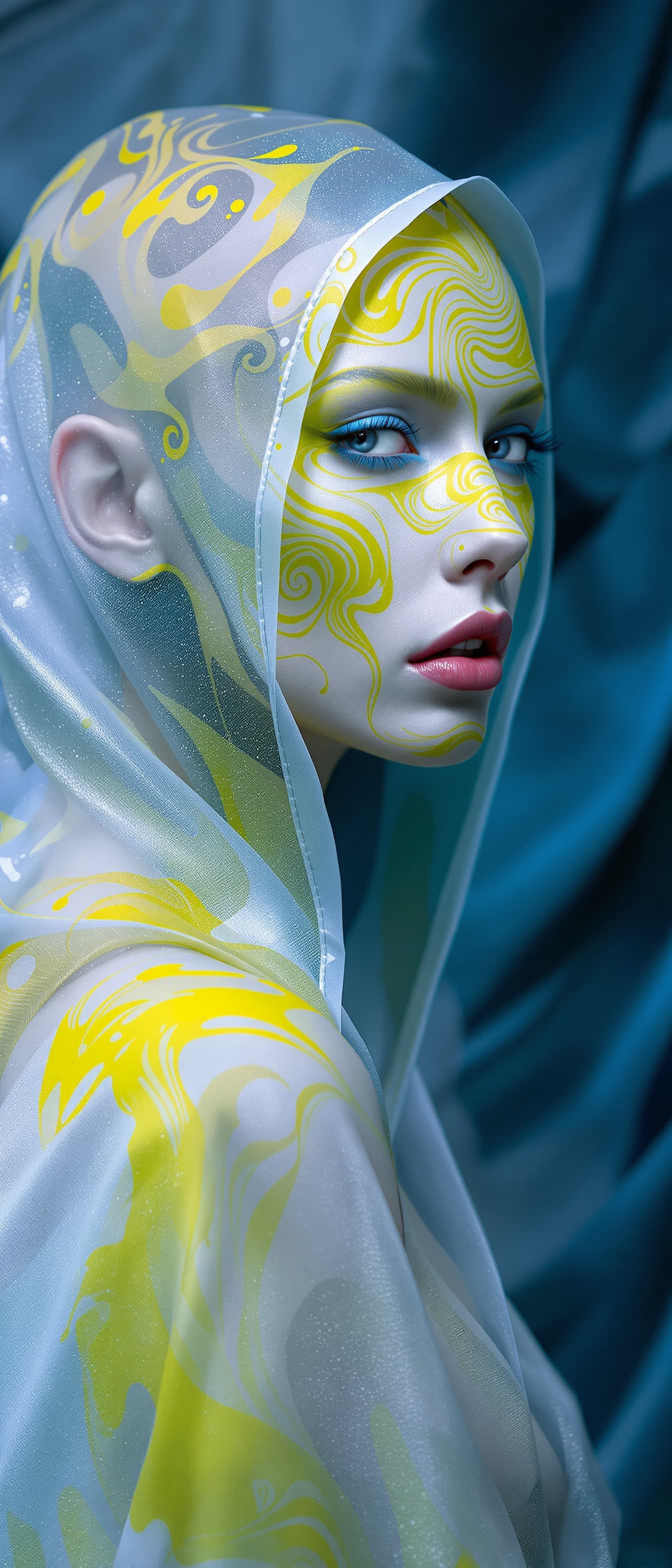 AI generated: "Fine art fashion photography. Full-hight vertical portrait, gorgeous lithe supermodel, swirling  in...