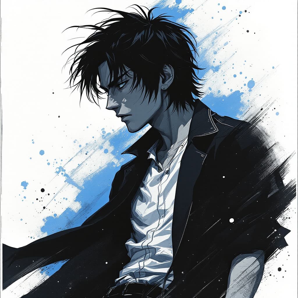 AI generated: movie poster, male character in black, white and blue, in the style of yoh nagao, light-focused --ar...