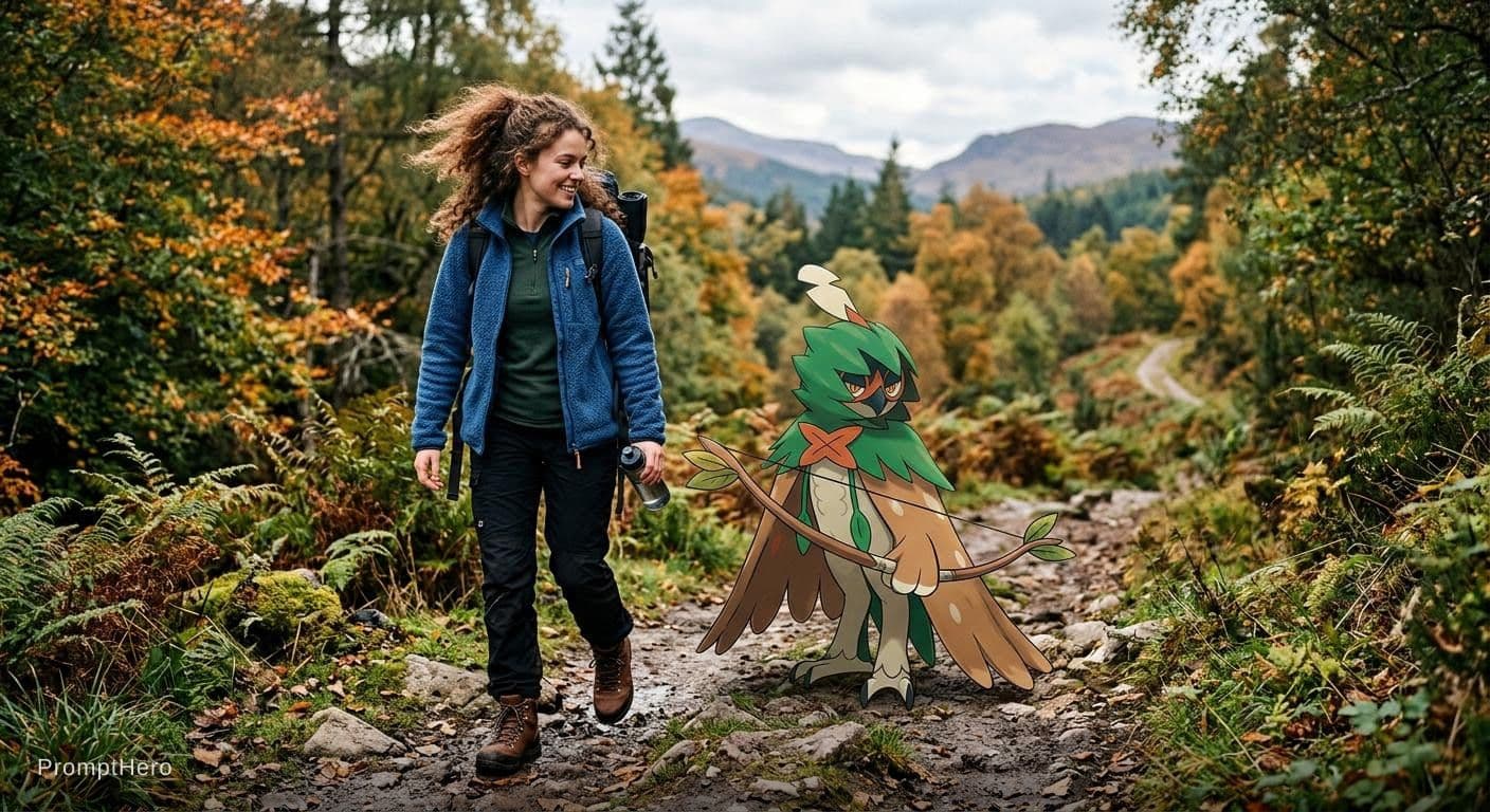 AI generated: a decidueye with a trainer wearing a blue fleece a green top black walking trousers and walking boot...