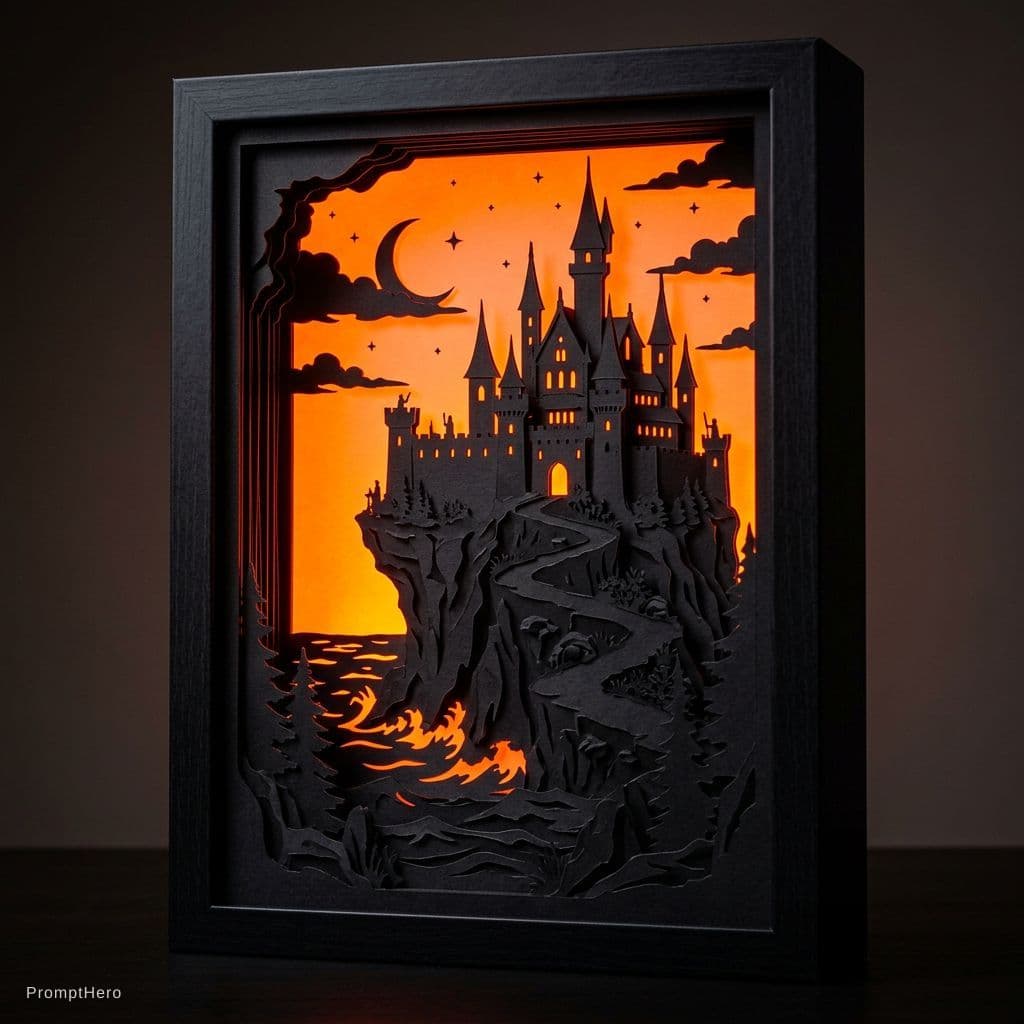 AI generated: 3d layered papercut art, castle on a cliff, shadow box style, backlit illumination, solid black and ...
