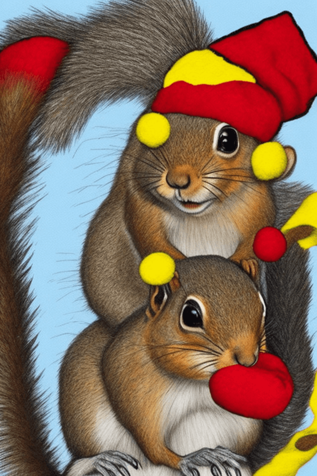 AI generated: A squirrel with a tuque on his head. The tuque is colored in black, red and yellow.