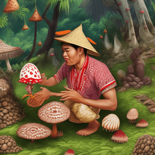 AI generated: make a picture of a Balinese character Barong picking amanita muscaria mushrooms
